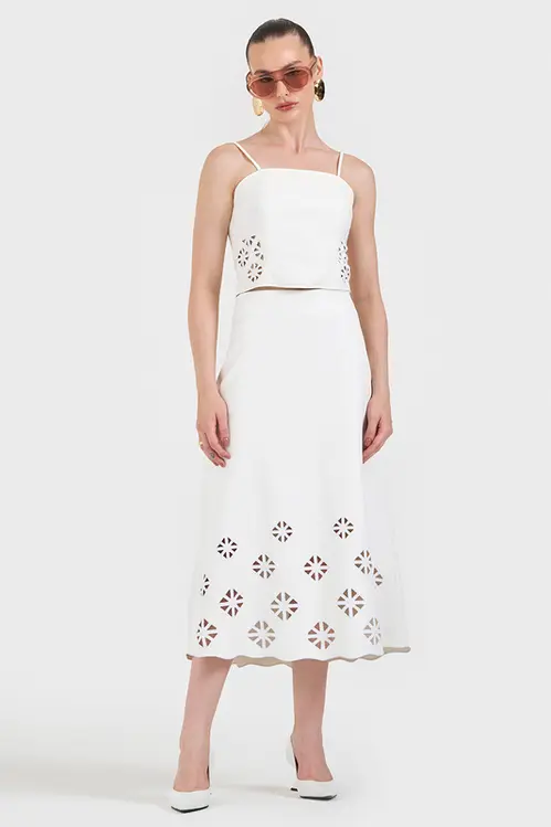 Saia em Material Sintético com Bordados Feminina SP5213 Branco