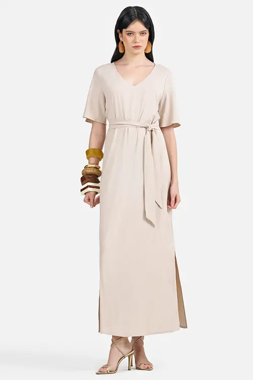 Vestido Midi Liso com Manga Godê Femino VP5639 Quaker ft