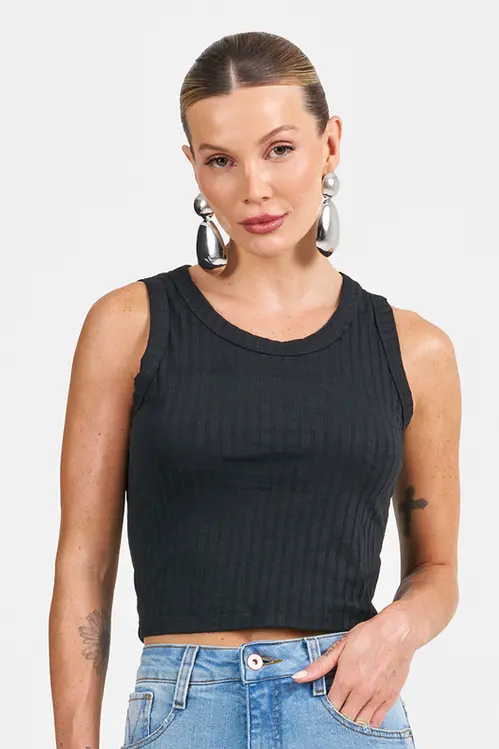 Regata Canelada Lisa Feminina RM5719 Preto