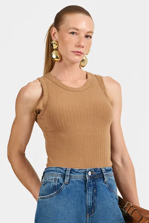 Regata Canelada Lisa Feminina RM5719 Caramelo