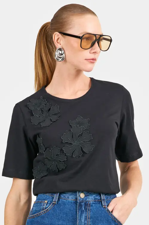 T-Shirt de Malha com Floral Feminina TM5707