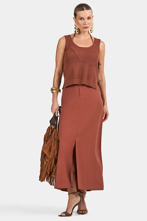 Saia Midi de Viscose Feminina SP5263 Conhaque