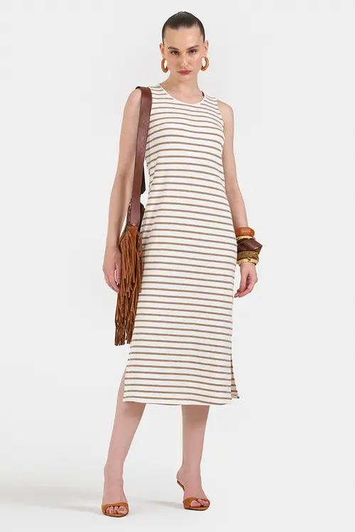 Vestido de Malha Canelado VM5635 Listra bege
