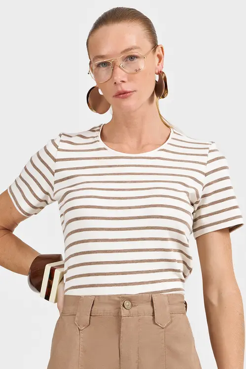 Blusa de Malha Canelada Listrada Feminina BM5517 Listra bege