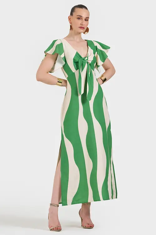 Vestido de Linho Midi Estampado com Manga Feminina VP5637