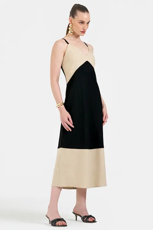 Vestido de Linho Midi Bicolor Feminino VP5533