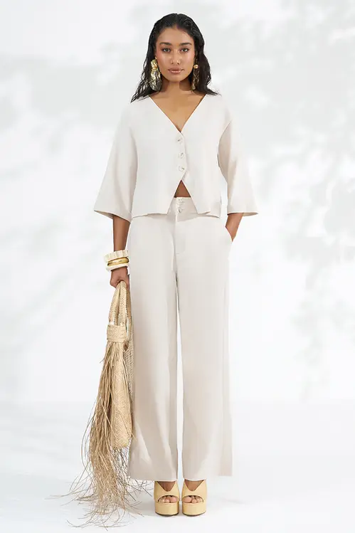 Calça em Linho Wide Leg Alfaiataria Feminina CPP5763 Cru