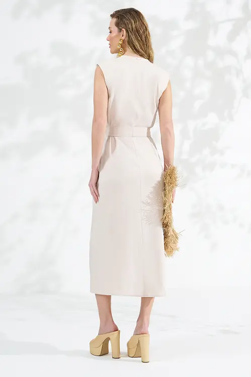 Vestido em Linho Wrap Dress Hiper Midi Alfaiataria Feminina VP5755