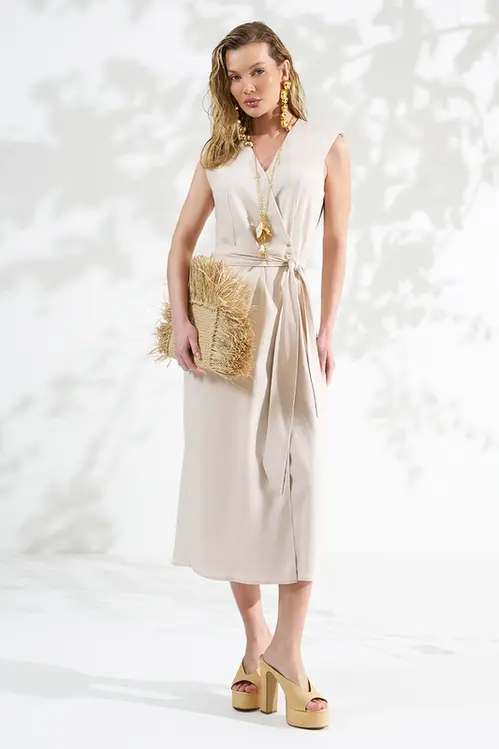 Vestido em Linho Wrap Dress Hiper Midi Alfaiataria Feminina VP5755