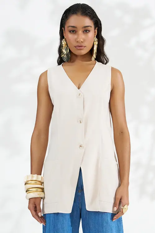 Colete Regata Alongado em Linho Alfaiataria Feminina KP5757