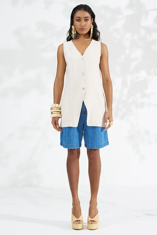 Colete Regata Alongado em Linho Alfaiataria Feminina KP5757