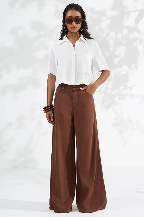 Calça Sarja Touch Super Wide Leg Palazzo Feminina CSM5801 Chocolate