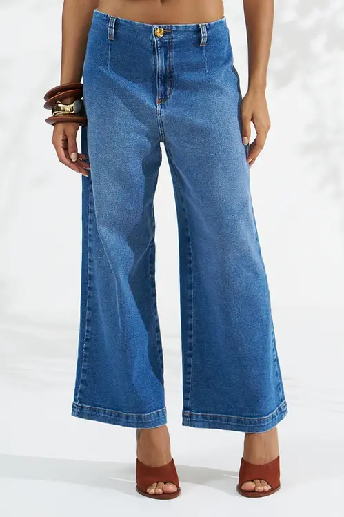 Calça Jeans Wide Leg Cropped Feminina CLM5777