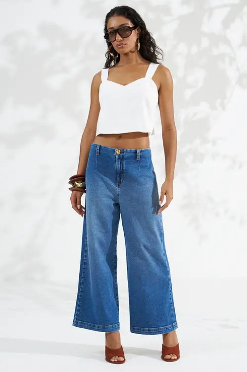 Calça Jeans Wide Leg Cropped Feminina CLM5777