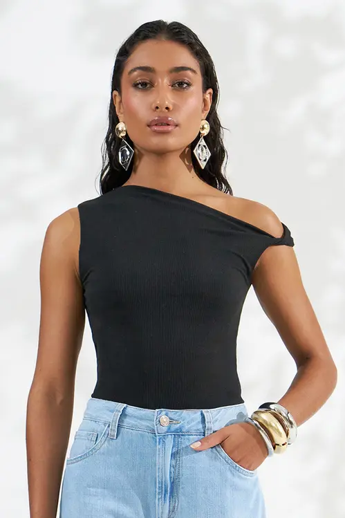 Regata Canelada Com Ombro Torcido Feminina RM6005 Preto