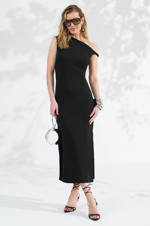Vestido em Malha com Ombro Torcido Feminino VM6003 Preto